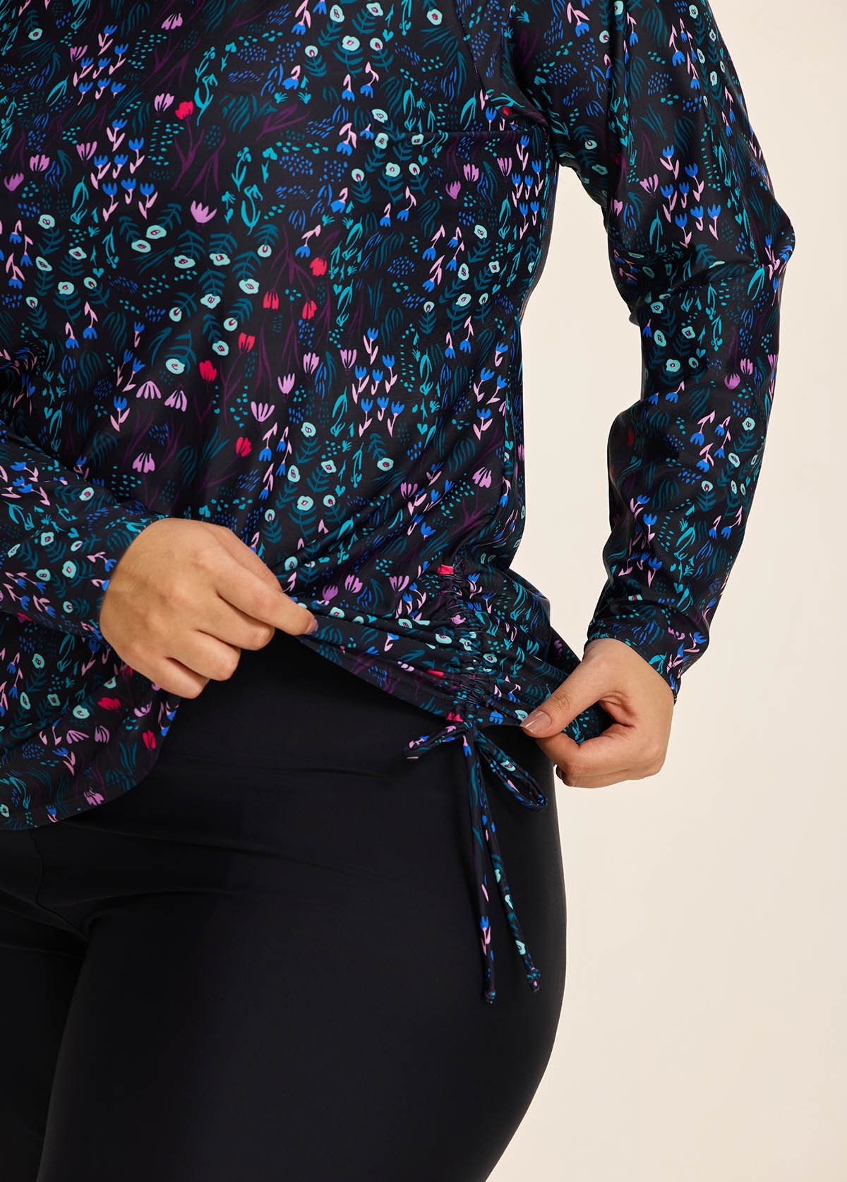 Plus Size BlackUpf 50+ Long Sleeves Drawstring Women's Swimsuit Rash Guards Tankini Top