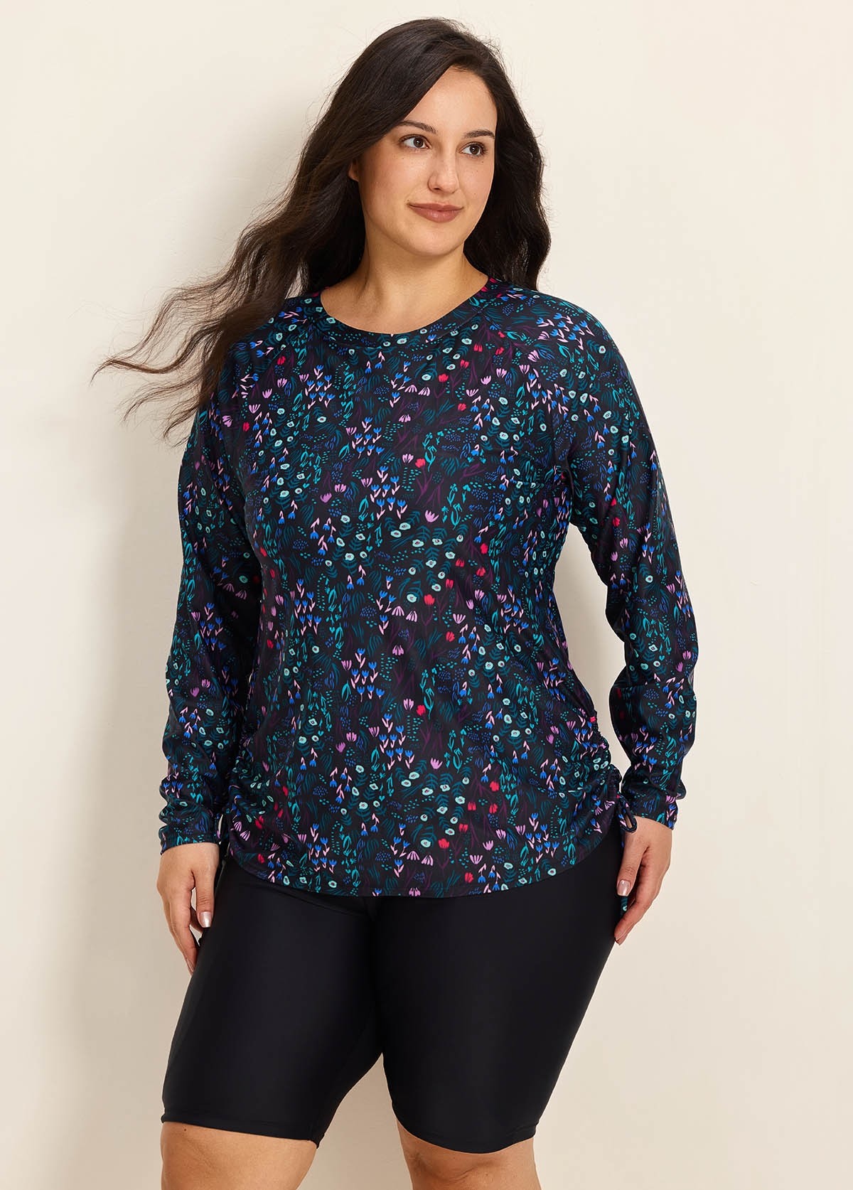 Plus Size BlackUpf 50+ Long Sleeves Drawstring Women's Swimsuit Rash Guards Tankini Top