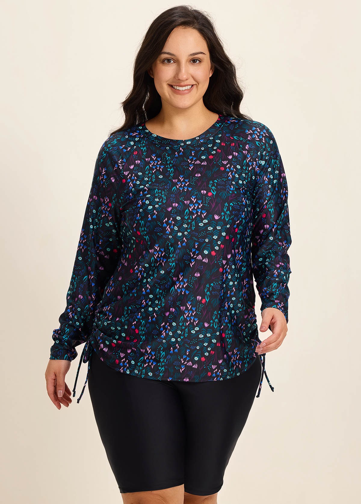 Plus Size BlackUpf 50+ Long Sleeves Drawstring Women's Swimsuit Rash Guards Tankini Top