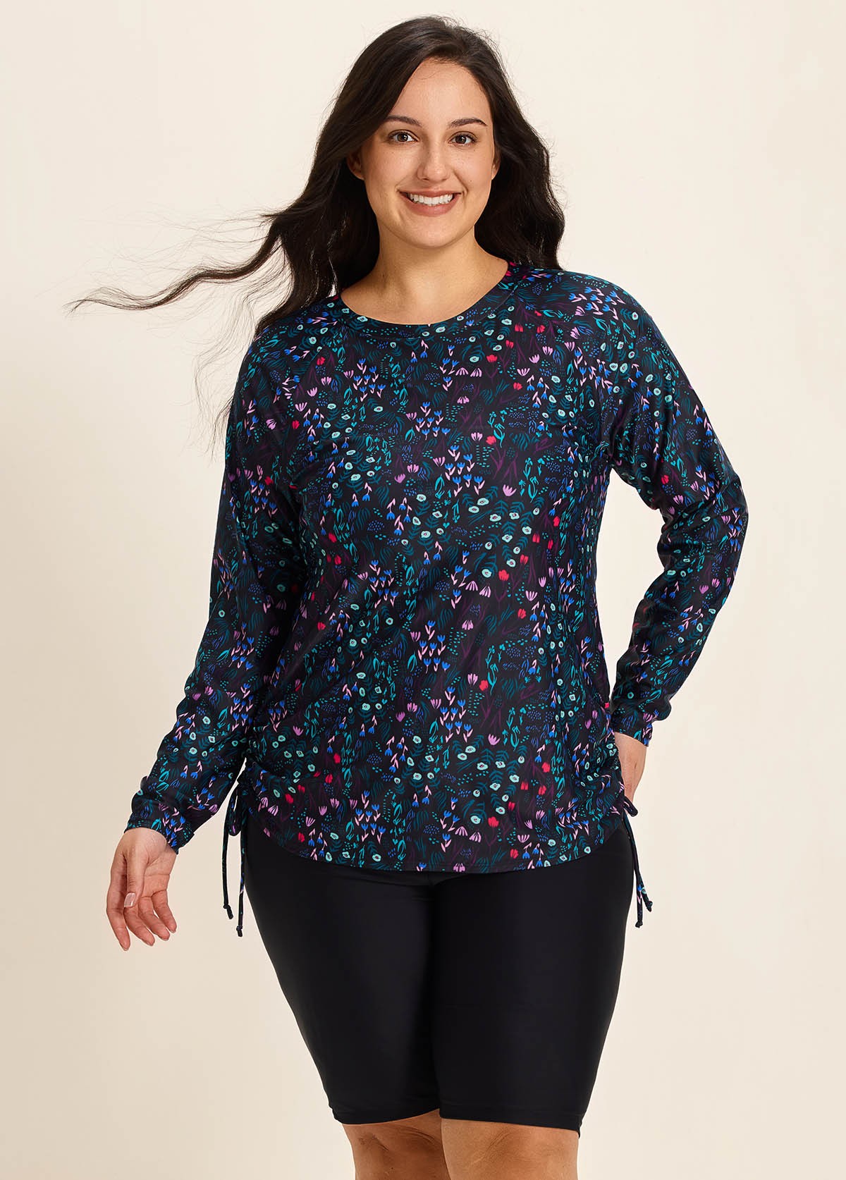 Plus Size BlackUpf 50+ Long Sleeves Drawstring Women's Swimsuit Rash Guards Tankini Top