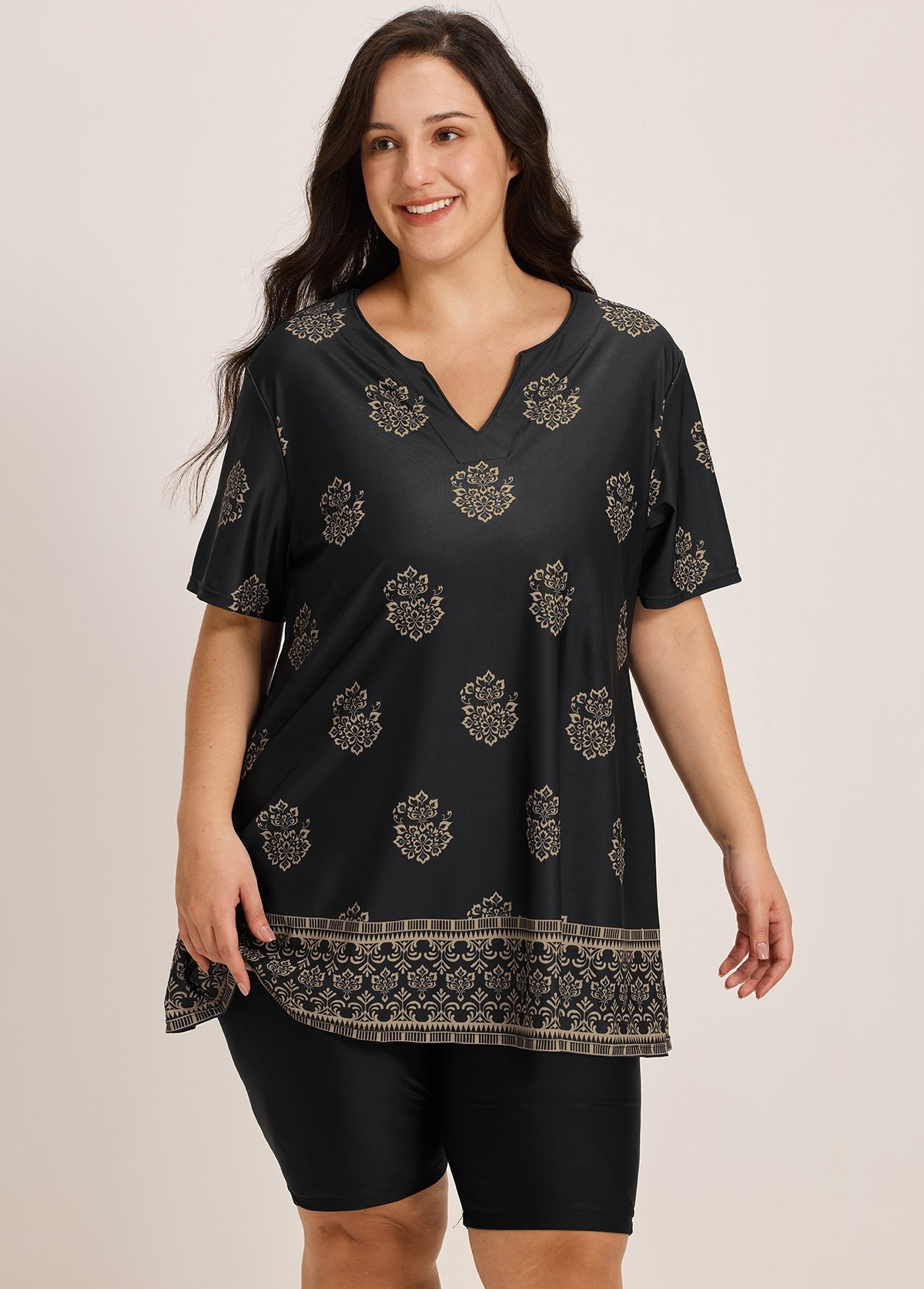 Curvy Black Floral V Neck Loose Short Sleeves Swimsuit Tankini Top