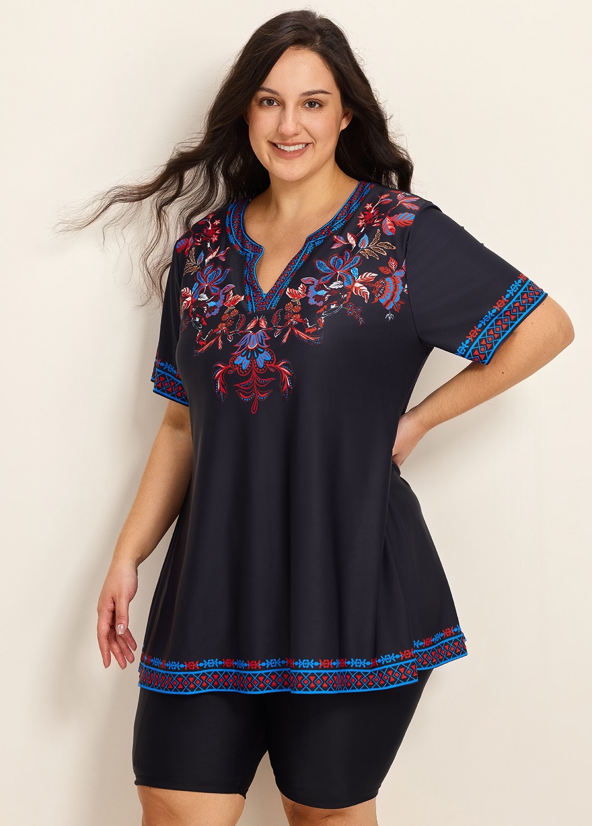 Plus Size Purple V Neck  Upf50+ Short Sleeves Modest Padded Swimsuit Long Tankini Top