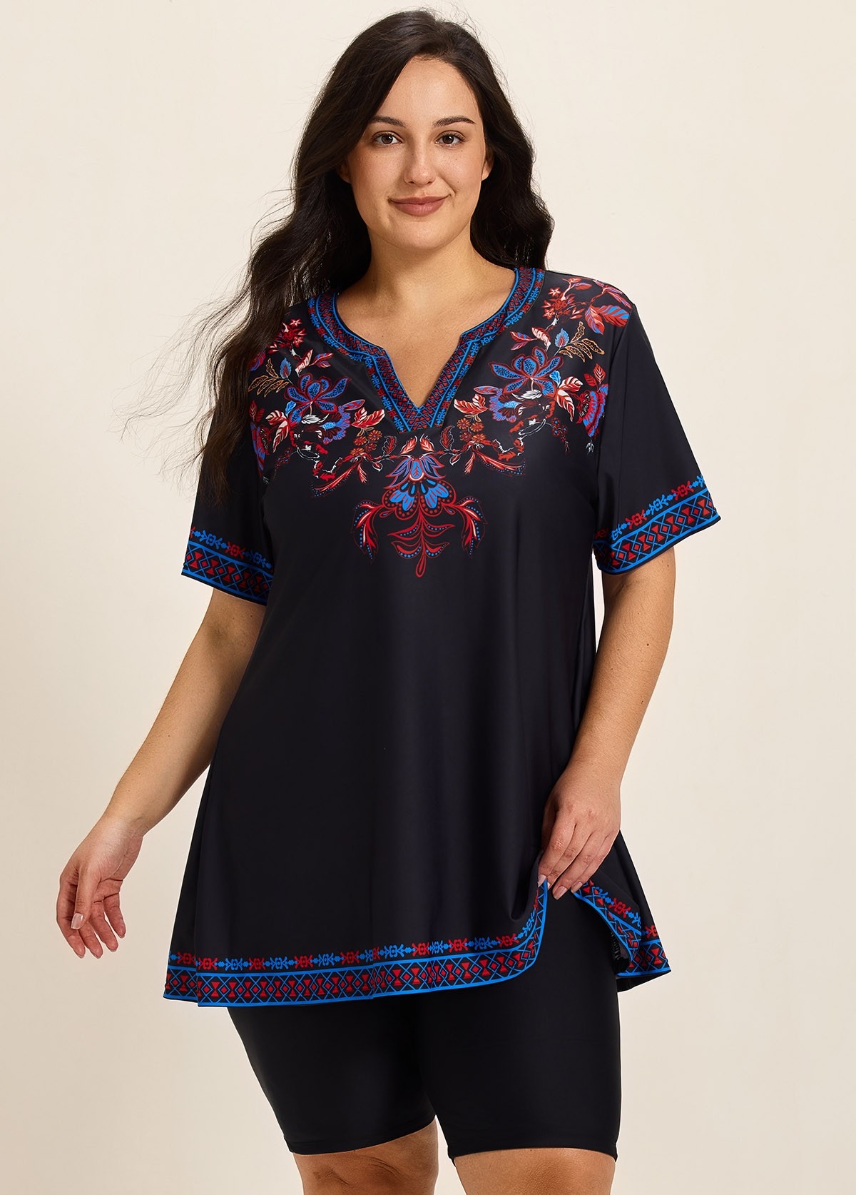 Plus Size Purple V Neck  Upf50+ Short Sleeves Modest Padded Swimsuit Long Tankini Top