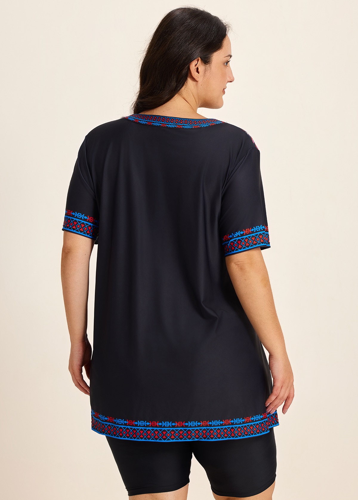 Plus Size Purple V Neck  Upf50+ Short Sleeves Modest Padded Swimsuit Long Tankini Top