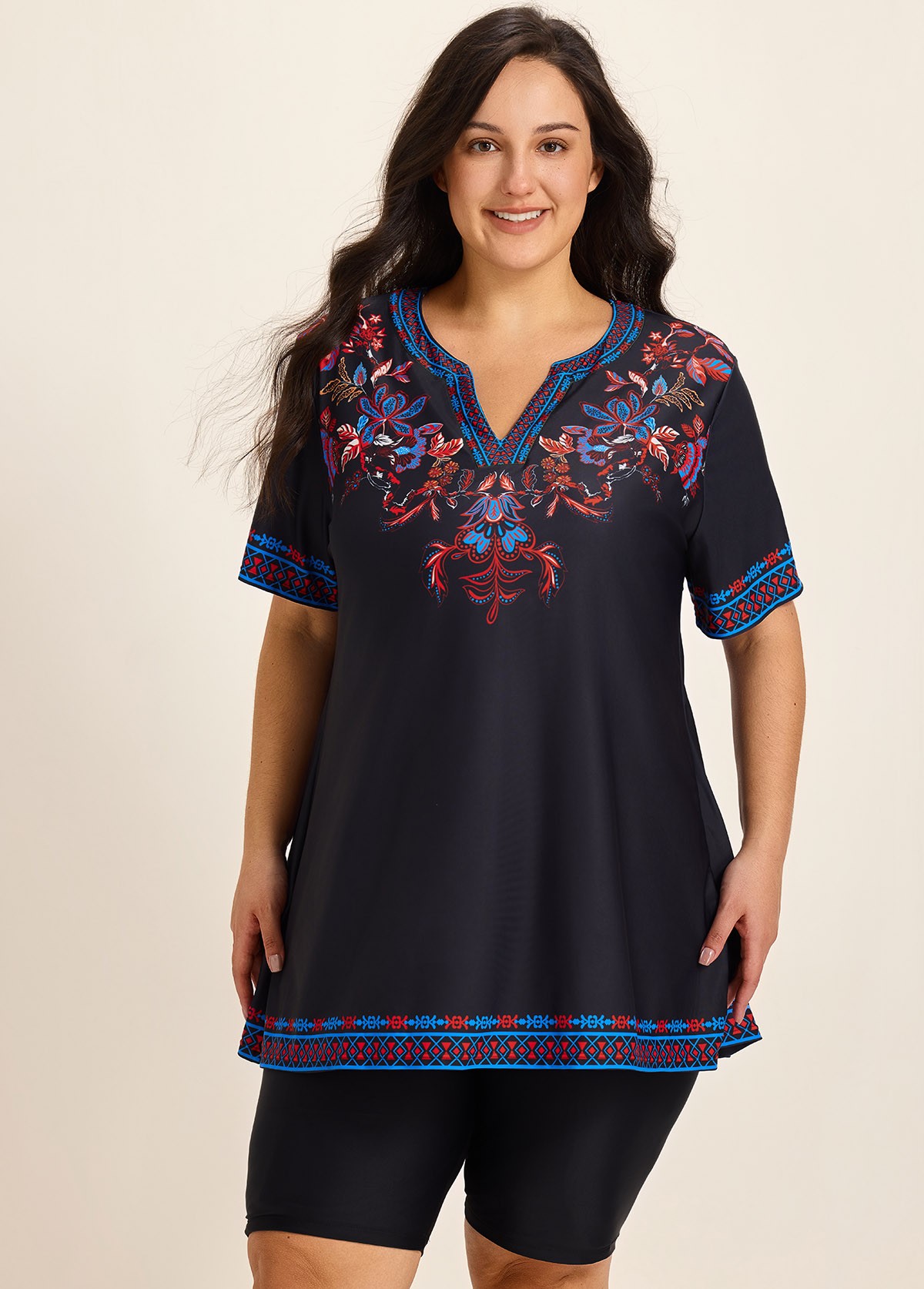 Plus Size Purple V Neck  Upf50+ Short Sleeves Modest Padded Swimsuit Long Tankini Top