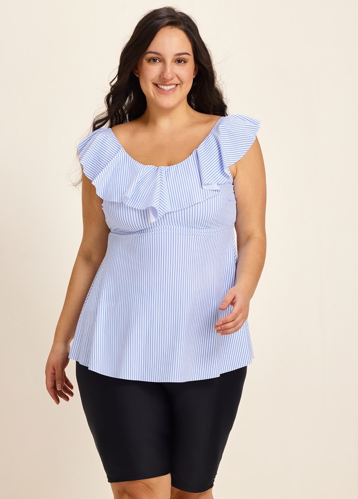 Plus Size Blue Stripe Print Scoop Neck Built In Bra Ruffle Women's Swimsuit Tankini Top