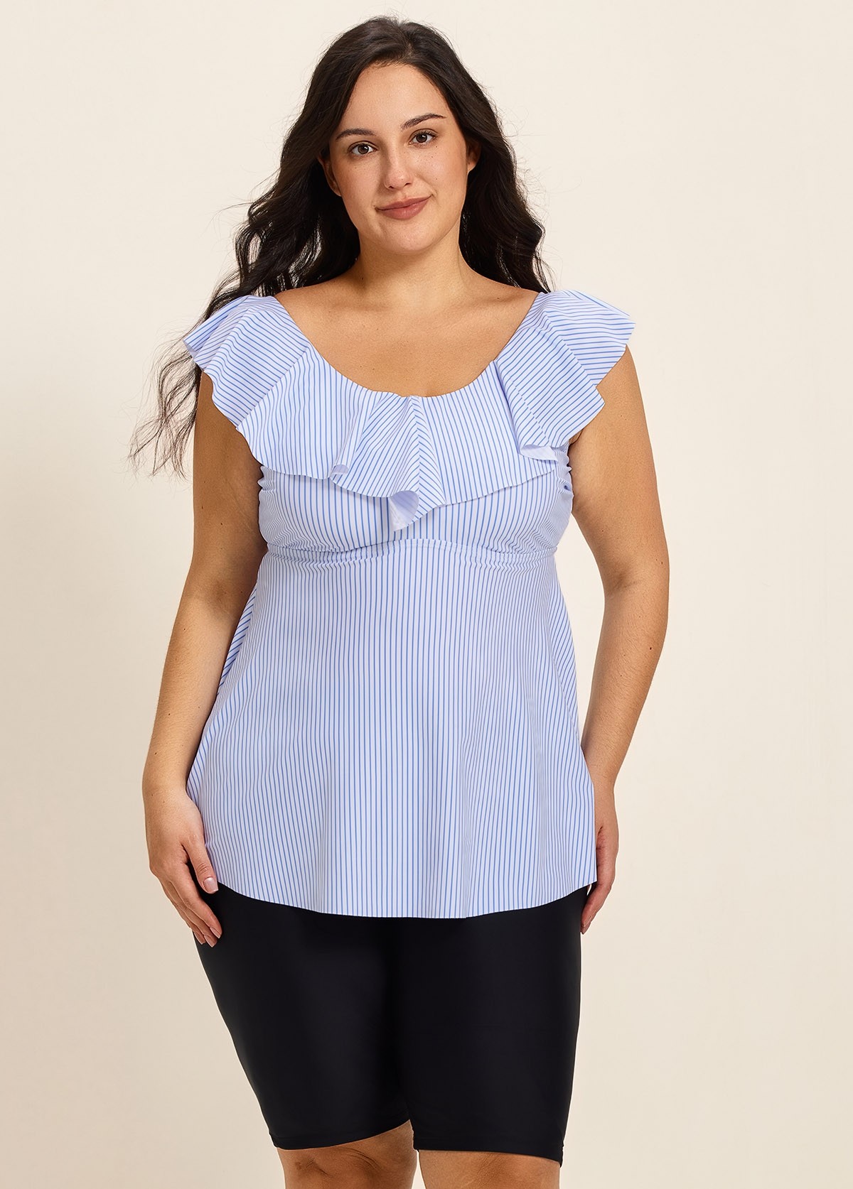 Plus Size Blue Stripe Print Scoop Neck Built In Bra Ruffle Women's Swimsuit Tankini Top
