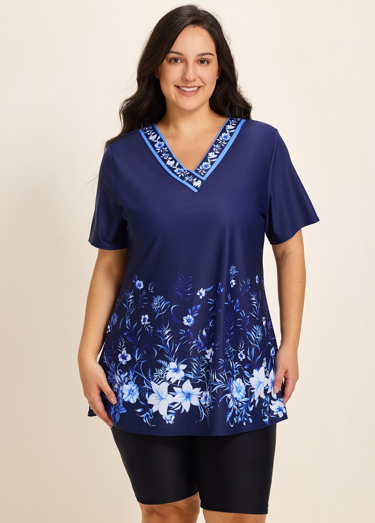 Plus Size Navy Floral V Neck  Upf50+ Short Sleeves Modest Padded Swimsuit Long Tankini Top