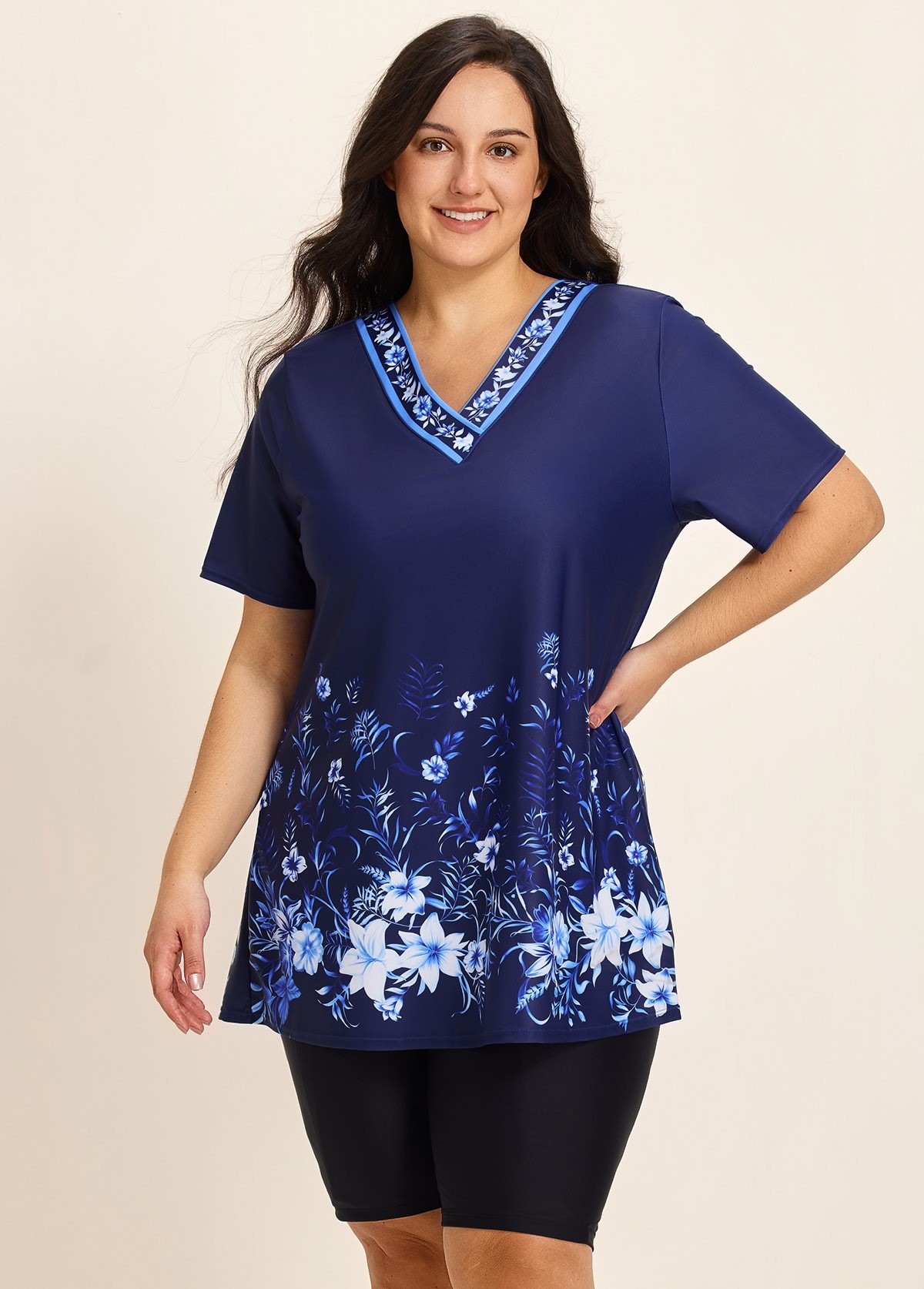 Plus Size Navy Floral V Neck  Upf50+ Short Sleeves Modest Padded Swimsuit Long Tankini Top
