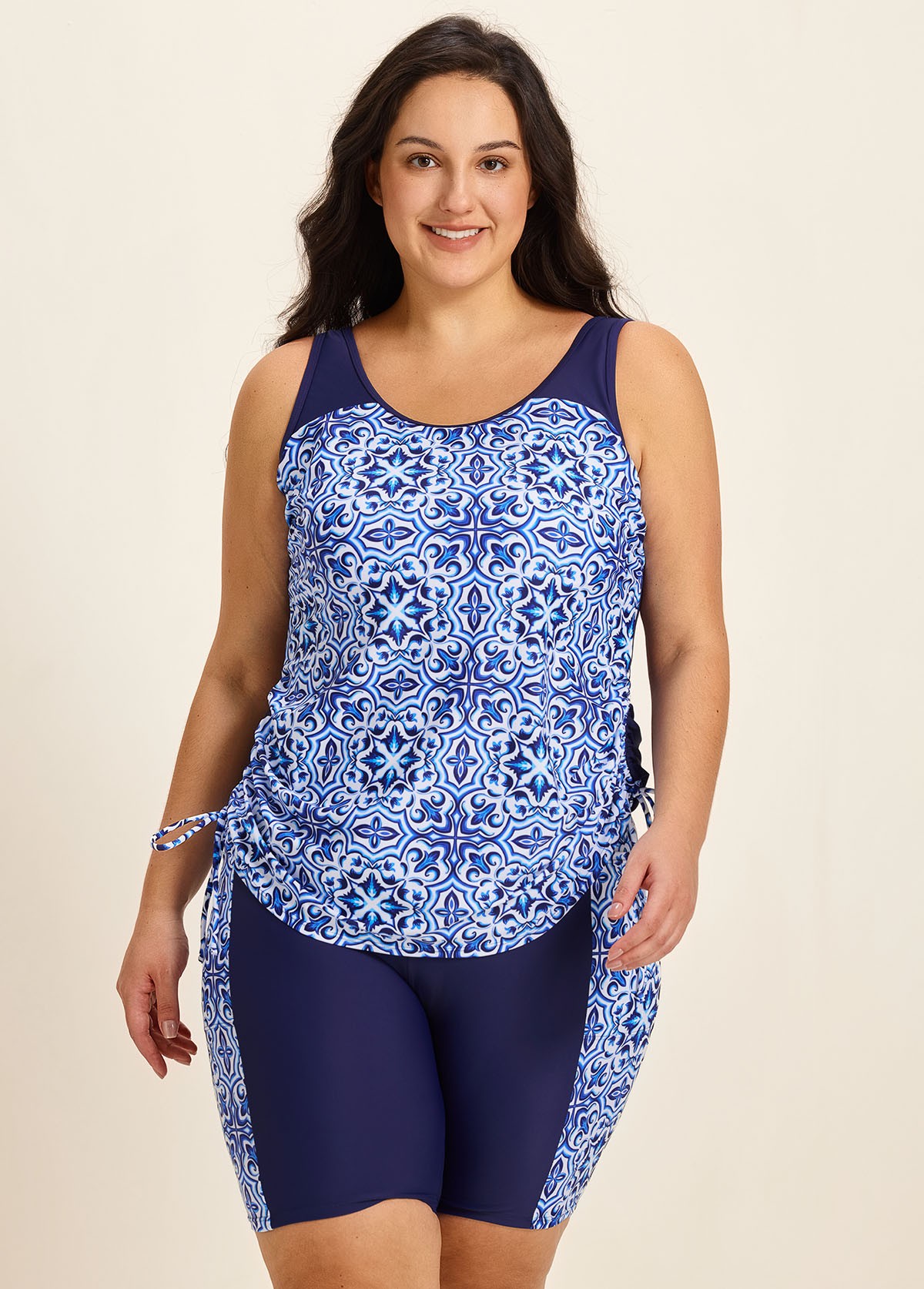 Blue Floral Print Scoop Neck Modest Built In Bra Drawstring Plus Size Women's Swimsuit Tankini Set