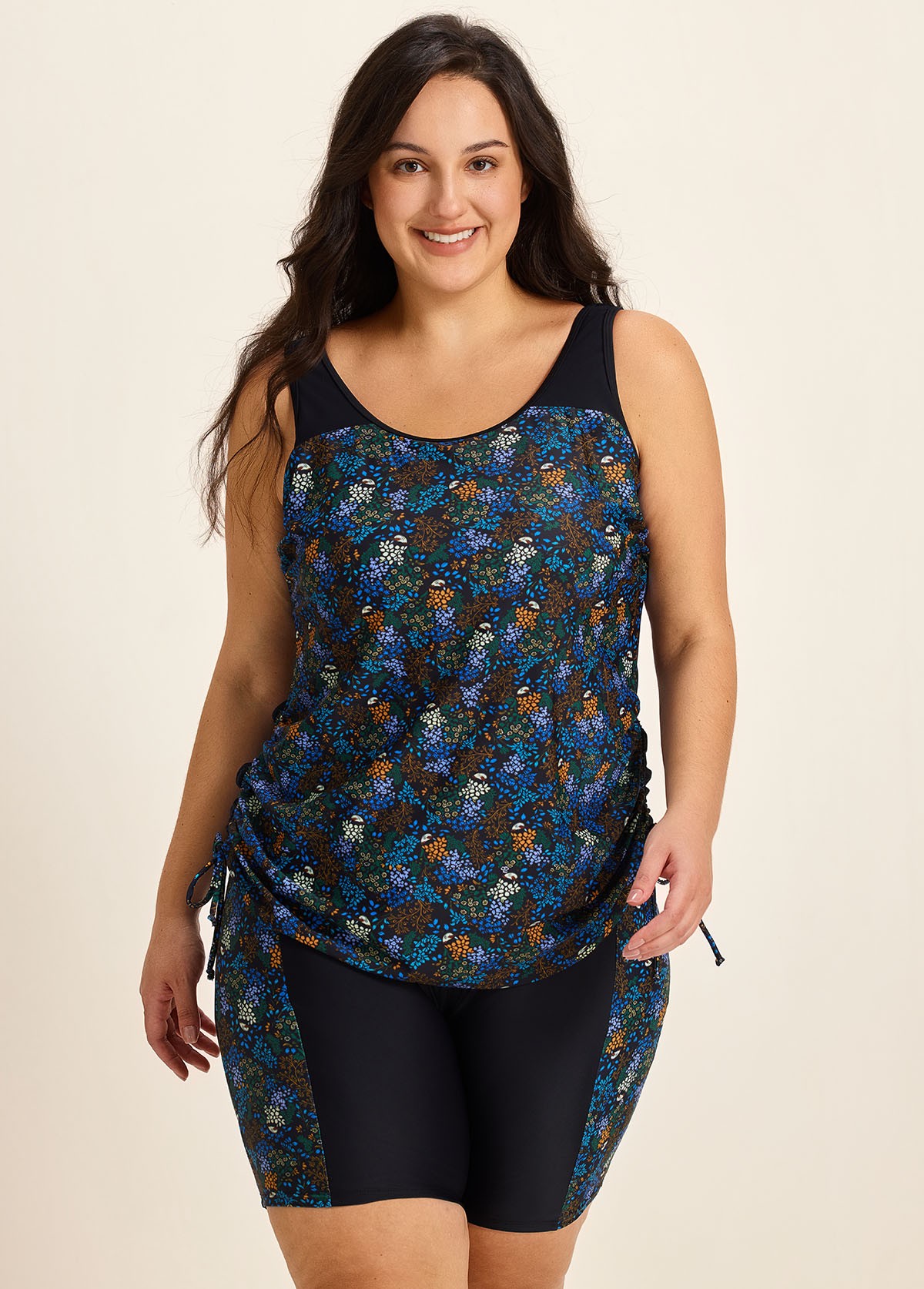 Black Floral Scoop Neck Sporty Built In Bra Drawstring Curvy Women's Swimsuit Tankini Set