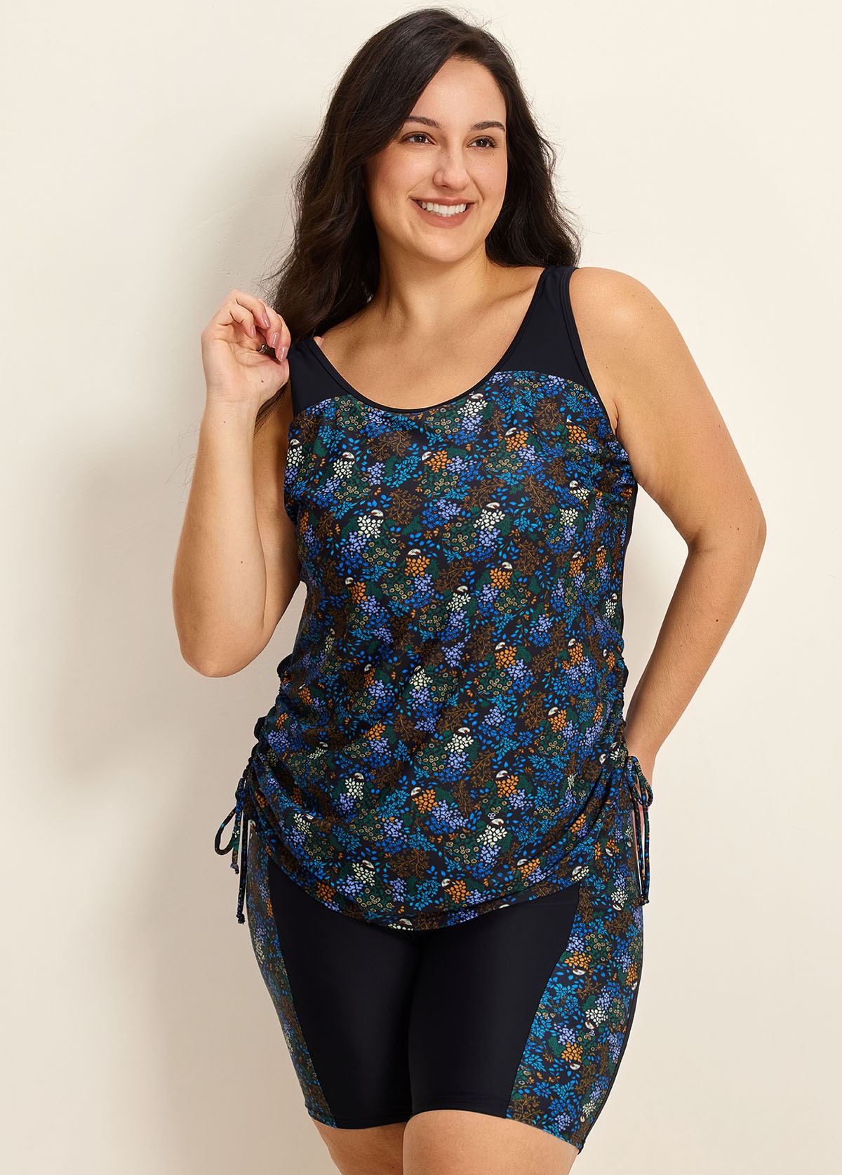 Black Floral Scoop Neck Sporty Built In Bra Drawstring Curvy Women's Swimsuit Tankini Set