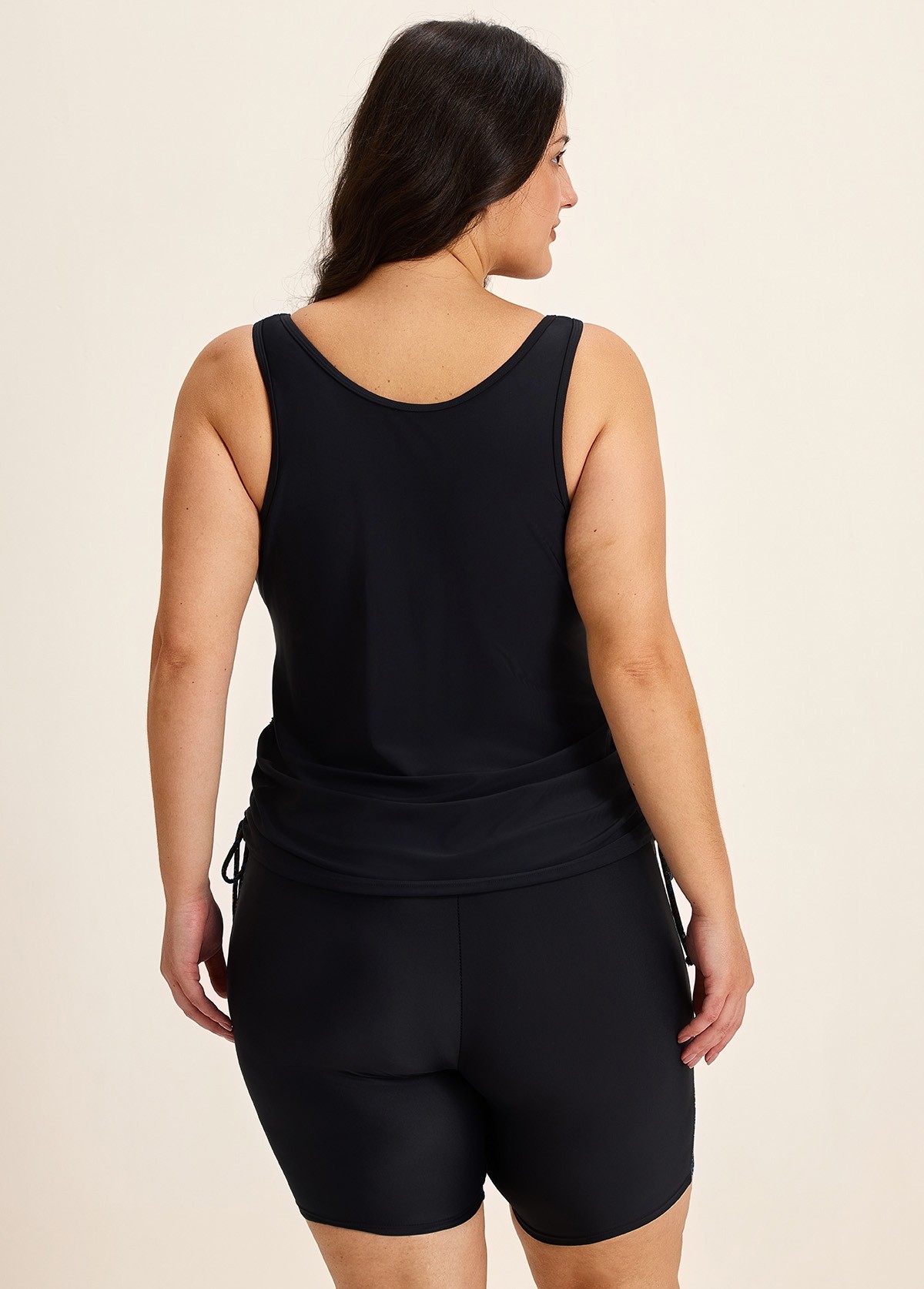 Black Floral Scoop Neck Sporty Built In Bra Drawstring Curvy Women's Swimsuit Tankini Set