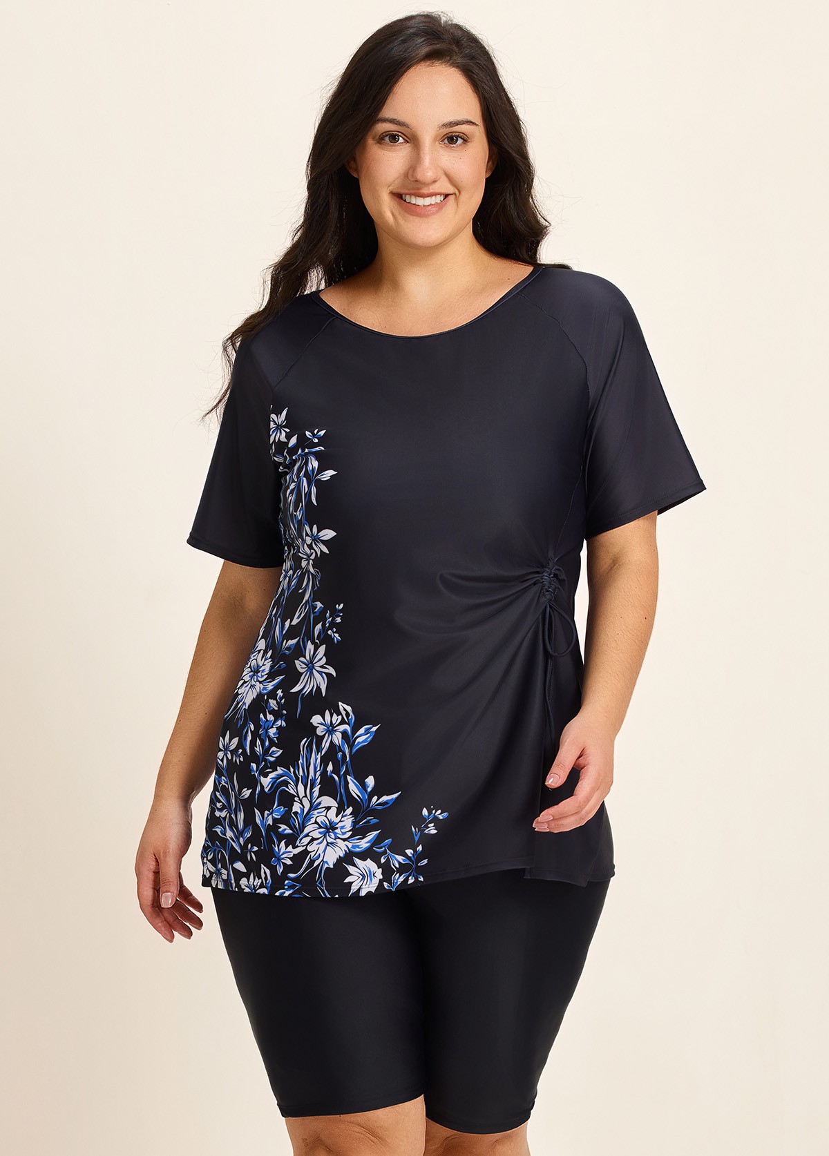 Curvy Black Floral Upf50+ Short Sleeves Vintage Side Drawstring Swimsuit Shirt Tankini Top