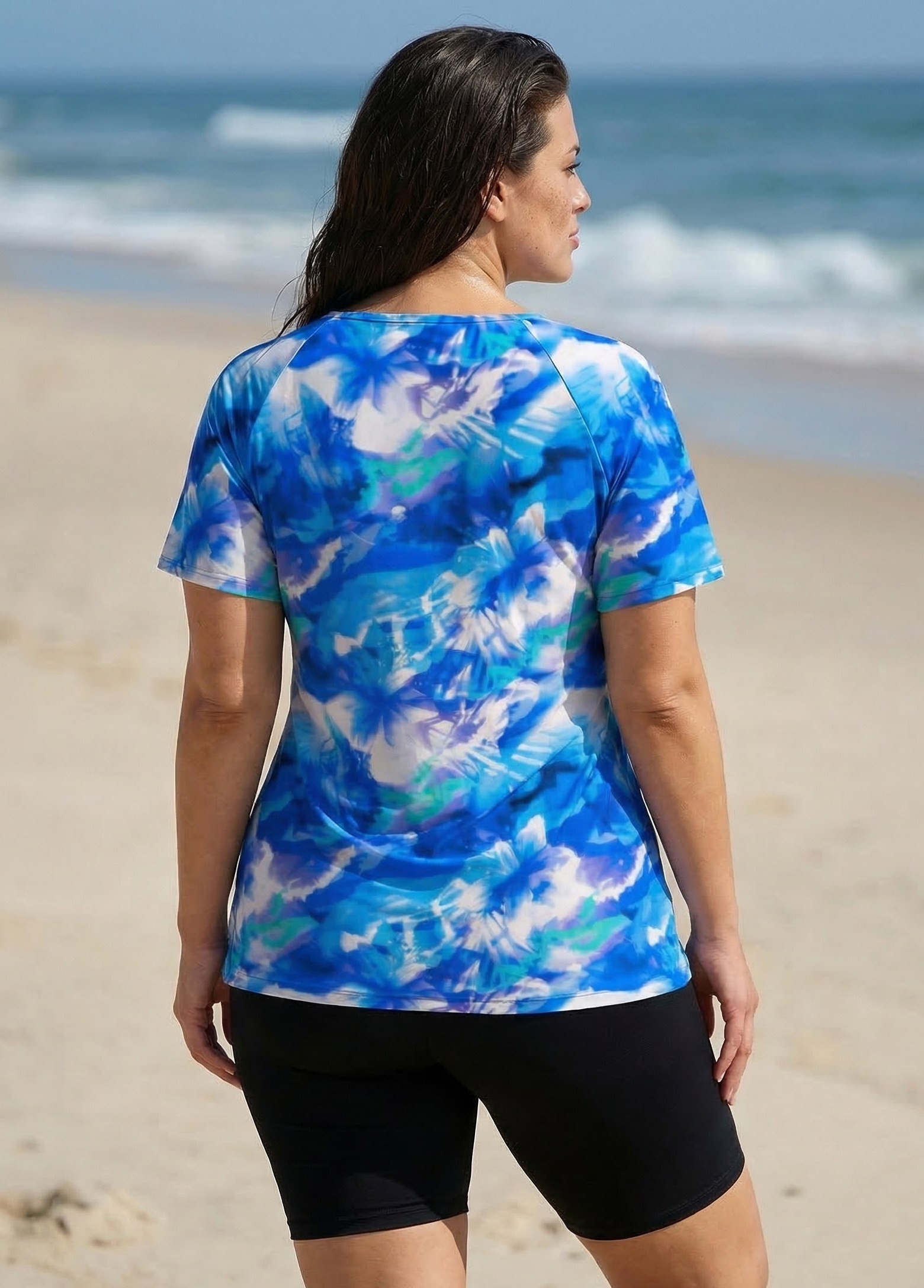 Plus Size Blue Floral Upf50+ Short Sleeves Vintage Side Drawstring Swimsuit Tankini Top