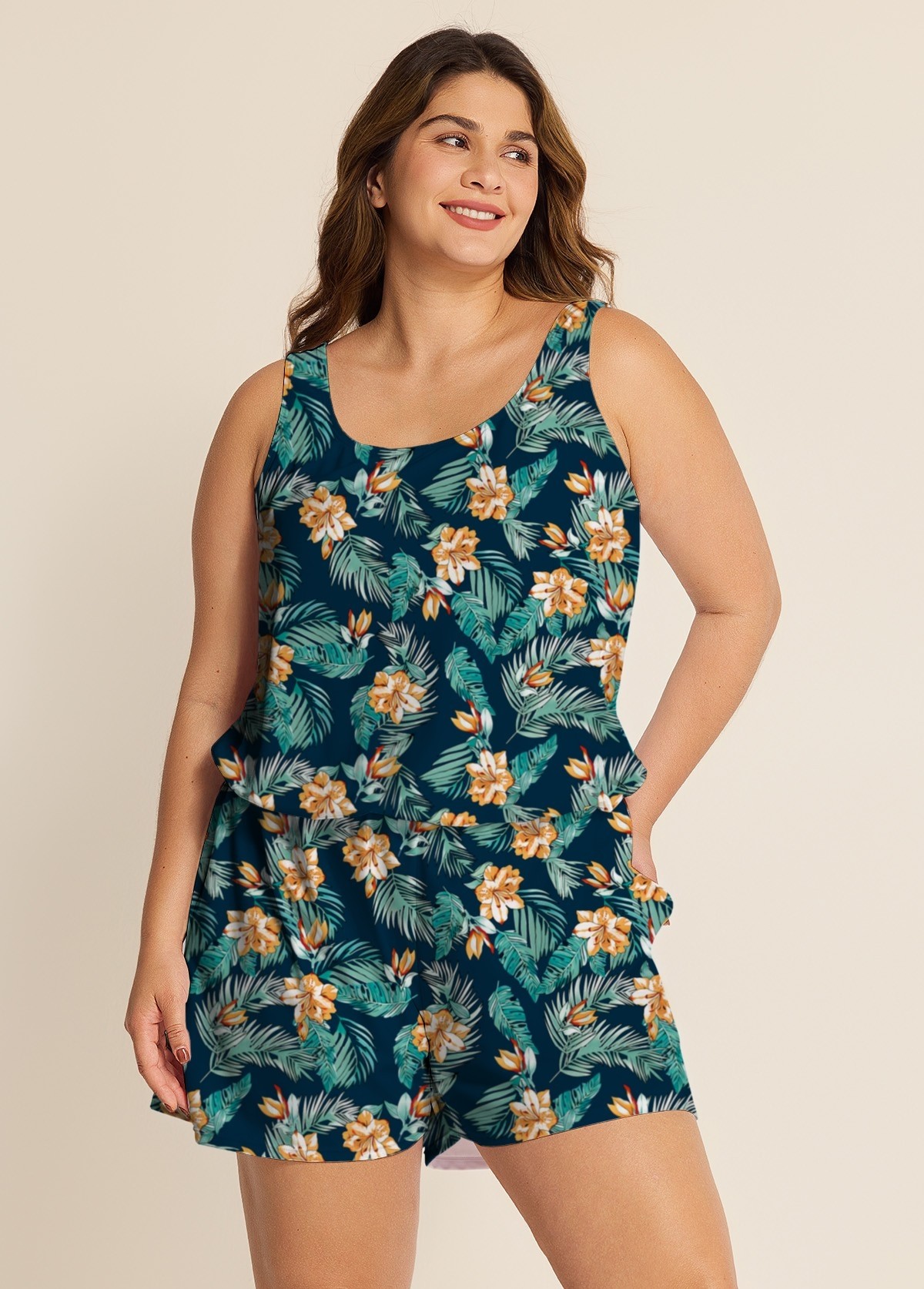 Green Swimming Costume Tropical Floral Scoop Neck Wide Strap Pocket Plus Size Swim Romper
