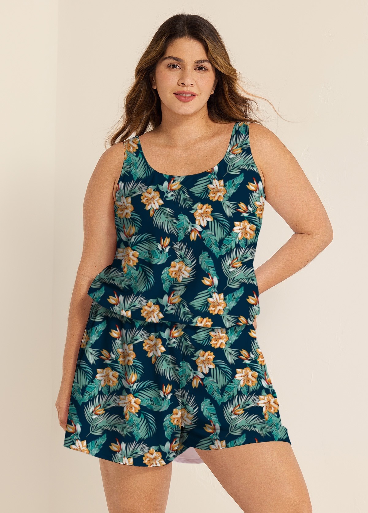 Green Swimming Costume Tropical Floral Scoop Neck Wide Strap Pocket Plus Size Swim Romper