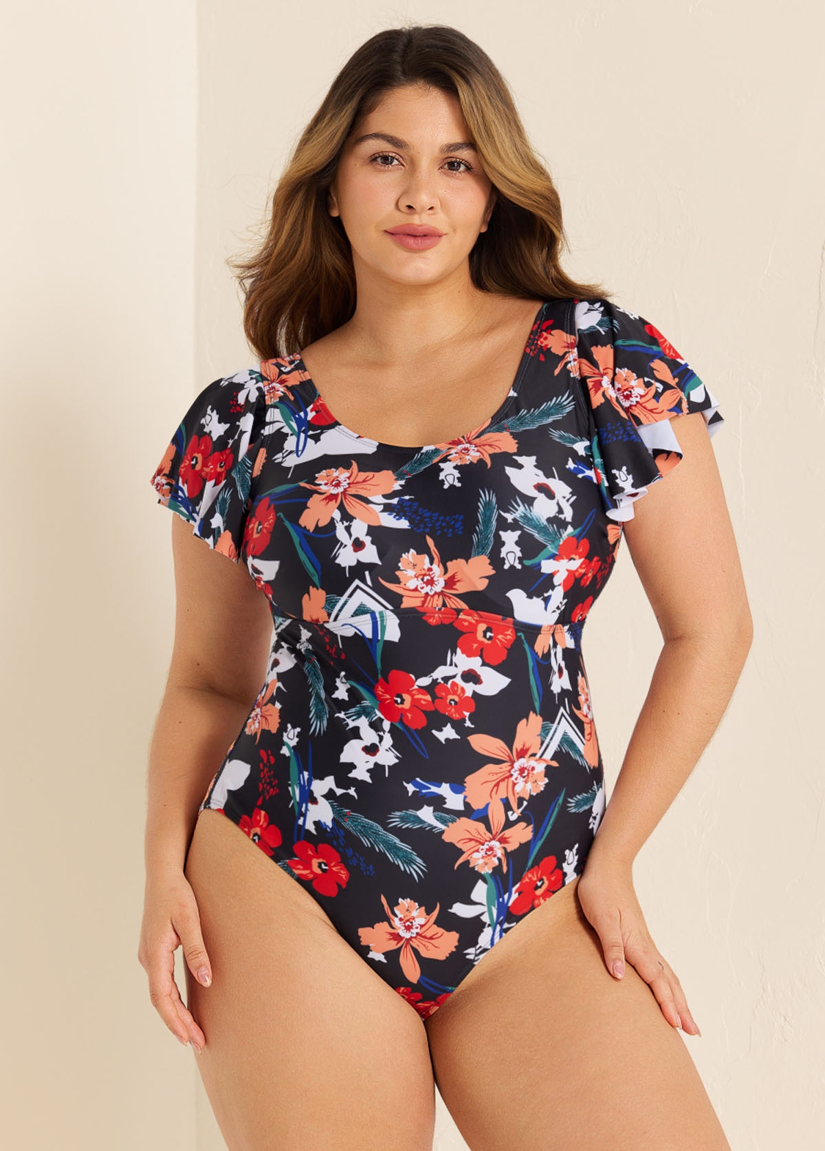 Lilyease Black Floral Print Sleeve Curve Modest One Piece